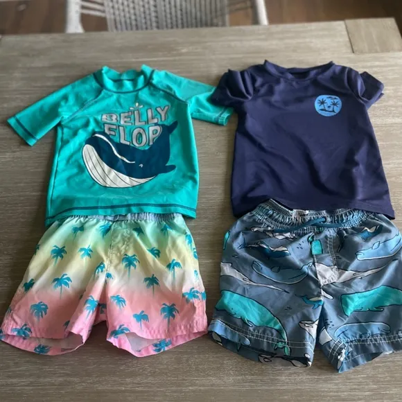 Toddler boy swim (2T), suits, shorts, rash guards, hats, 14 coordinating pieces