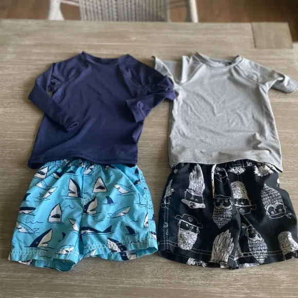 Toddler boy swim (2T), suits, shorts, rash guards, hats, 14 coordinating pieces