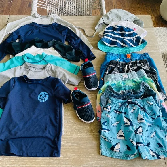 Toddler boy swim (2T), suits, shorts, rash guards, hats, 14 coordinating pieces