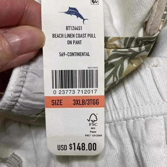 Tommy Bahama Beach Linen Coast Pull on pants white New men’s size 3 XLB