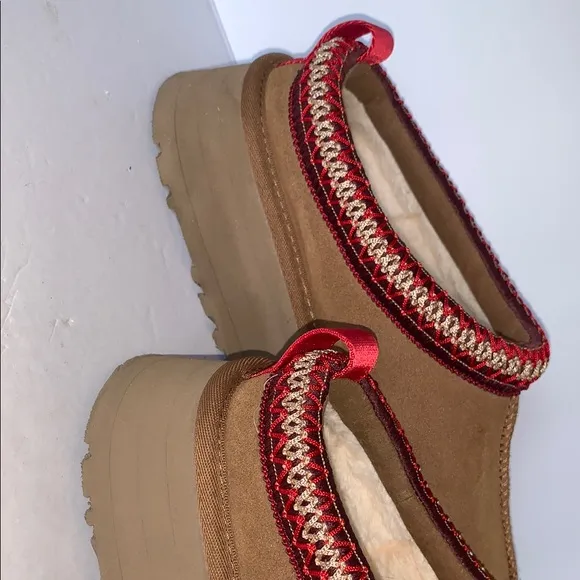 UGG Tasman Slippers – Chestnut Suede with Red Braid Trim, Size 8