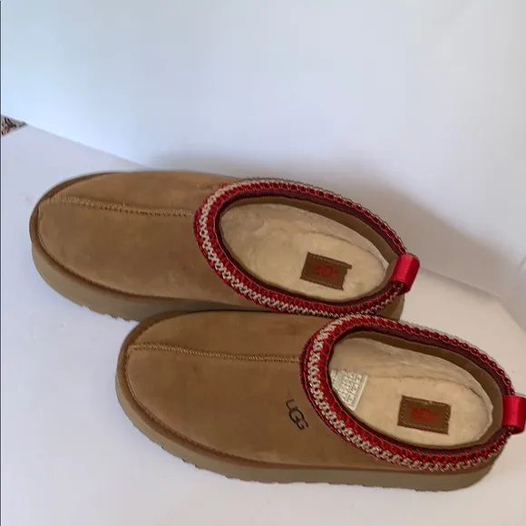 UGG Tasman Slippers – Chestnut Suede with Red Braid Trim, Size 8