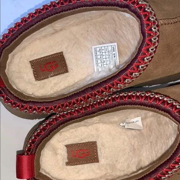 UGG Tasman Slippers – Chestnut Suede with Red Braid Trim, Size 8