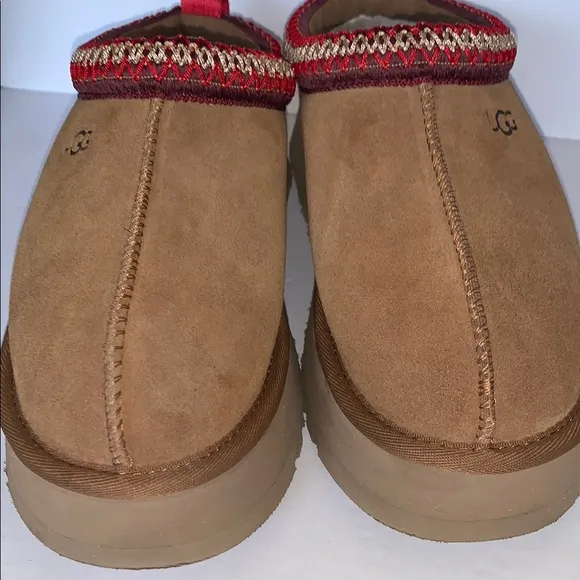 UGG Tasman Slippers – Chestnut Suede with Red Braid Trim, Size 8