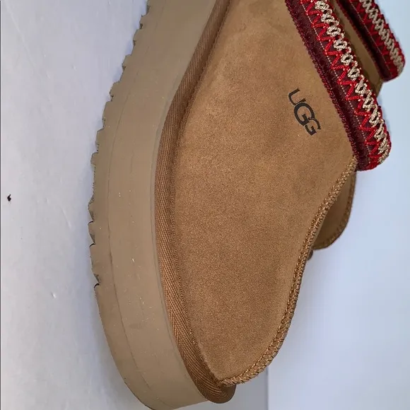 UGG Tasman Slippers – Chestnut Suede with Red Braid Trim, Size 8