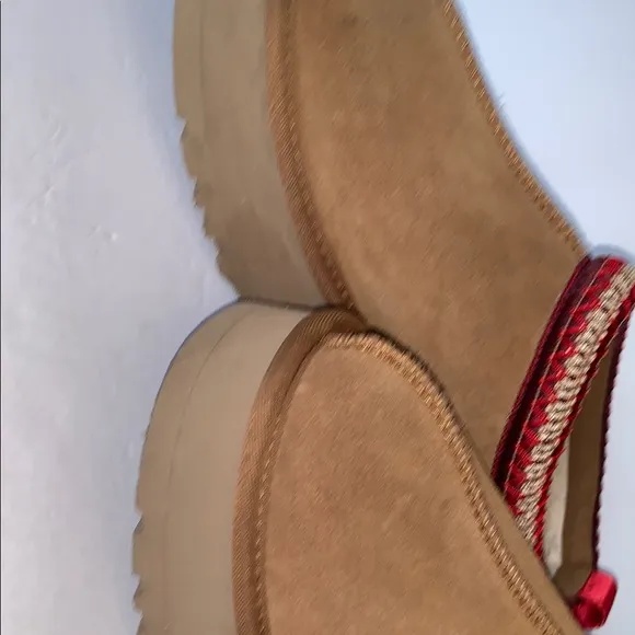 UGG Tasman Slippers – Chestnut Suede with Red Braid Trim, Size 8