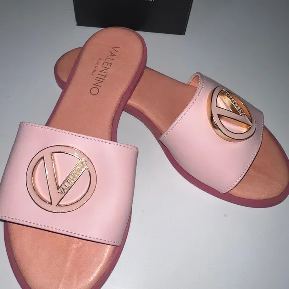Valentino shoes! Garavani logo slides pink leather sandals, women size 38, Italy