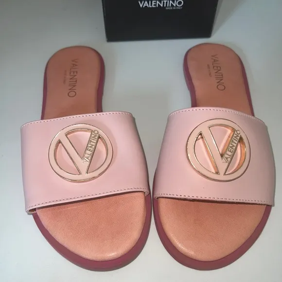 Valentino shoes! Garavani logo slides pink leather sandals, women size 38, Italy