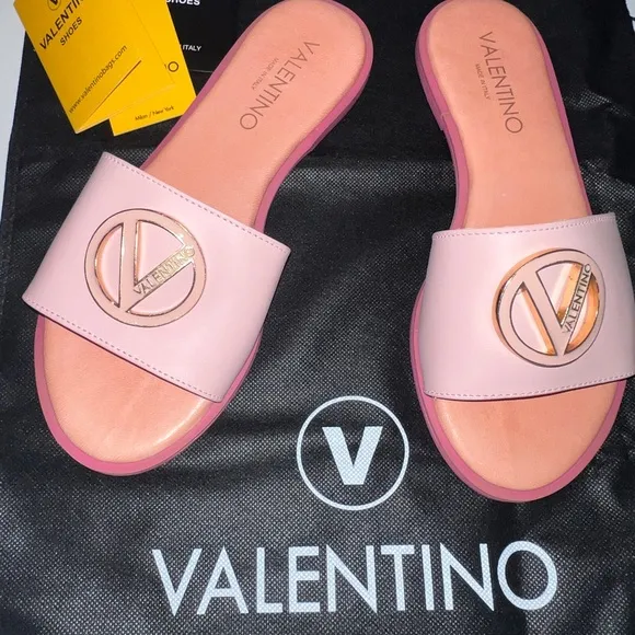 Valentino shoes! Garavani logo slides pink leather sandals, women size 38, Italy