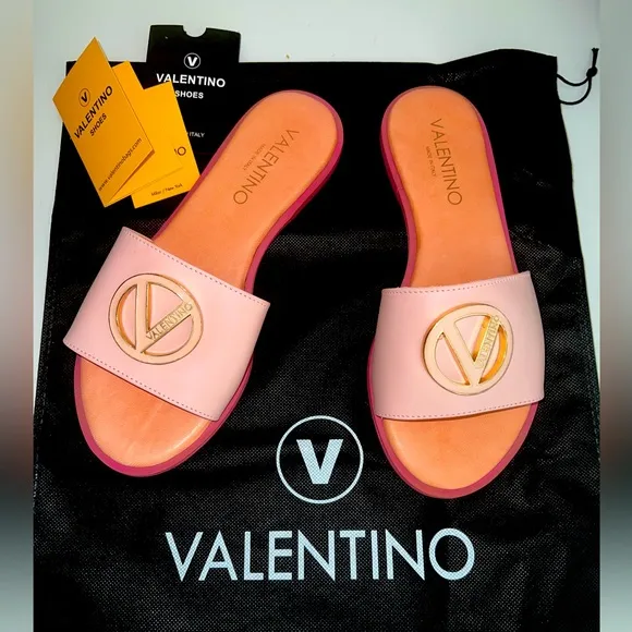 Valentino shoes! Garavani logo slides pink leather sandals, women size 38, Italy