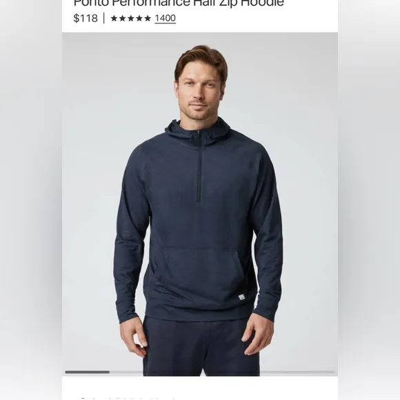 Vuori navy men’s ponto performance half zip hoodie, midnight heather small ✨